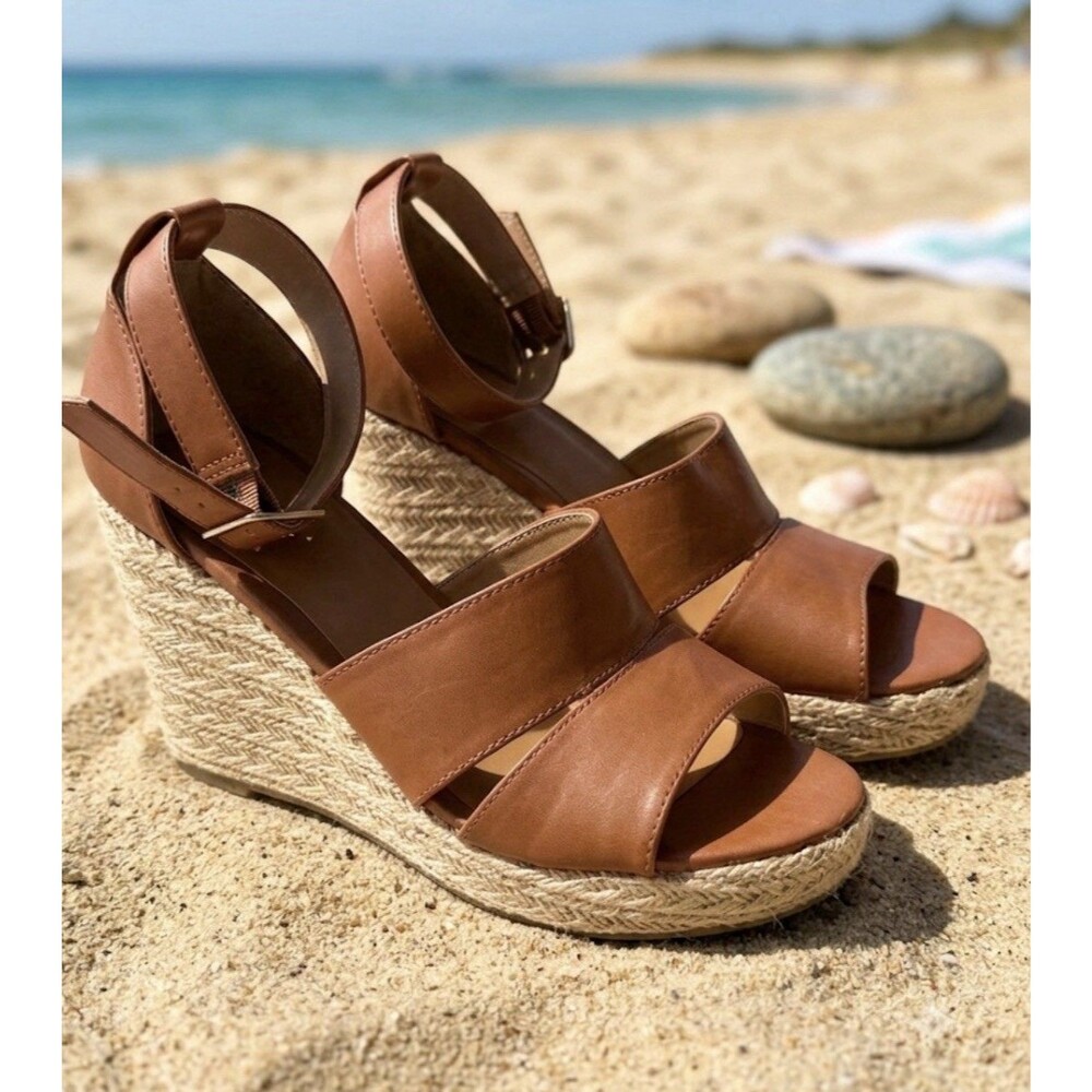 TIME AND TRU WOMEN COGNAC BROWN ESPADRILLE WEDGE CRISSCROSS STRAP SANDAL SZ 9.5